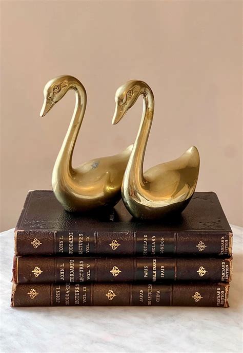 Vintage Solid Brass Swan Statues Gold Swan Bookends Set Of 2 Mid Century Brass Swan Figures Pair