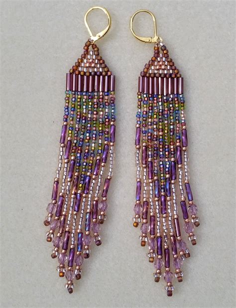 Multi Color Purple Amethyst Seed Bead Fringe Earrings Handmade By