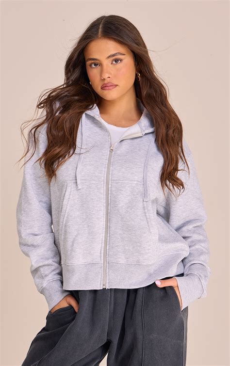 Grey Marl Oversized Hooded Zip Up Sweat Hoodie Prettylittlething