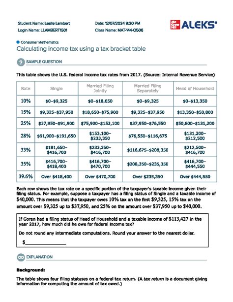 Calculating income tax bracket - Student Name: Leslie Lambert Date: 9: