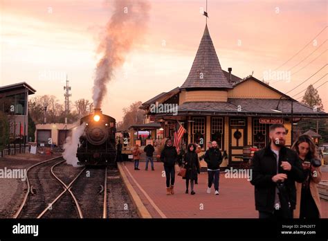 Steam Locomotive At New Hope Railroad Heritage Station During Dusk New