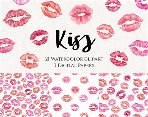 Watercolor Kiss Lips Clipart Valentine's Day Clipart - Etsy