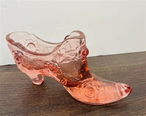 Vintage Fenton Pink Cabbage Rose Glass Shoe Etsy