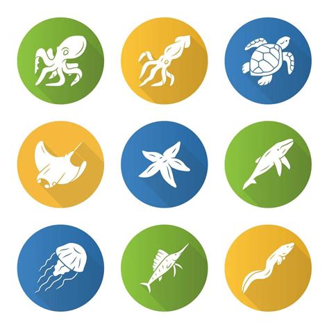 Sea Animals Flat Design Long Shadow Glyph Icons Set Swimming Octopus