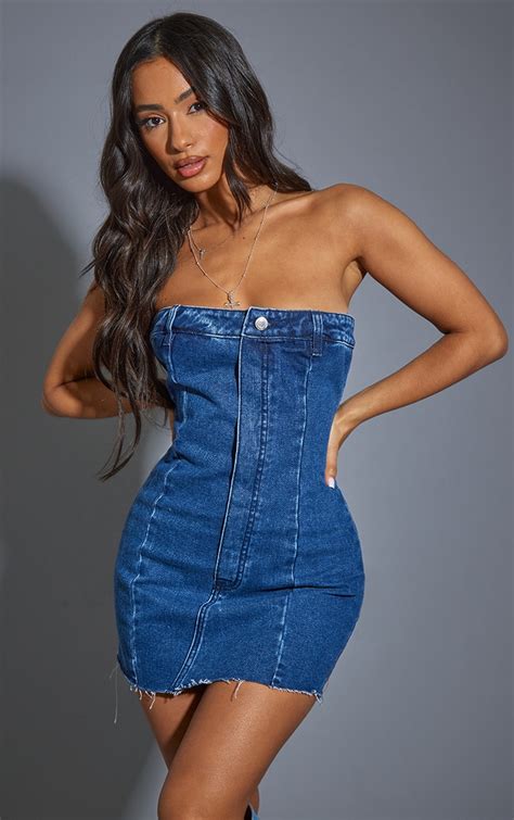 Petite Robe Bustier En Jean Bleu Moyennement Délavé Petite