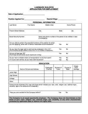 Fillable Online LANDMARK BUILDERS APPLICATION FOR EMPLOYMENT Fax Email