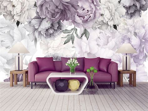 Purple Peony Wallpaper Mural Nursery Girl Watercolor Peony Etsy