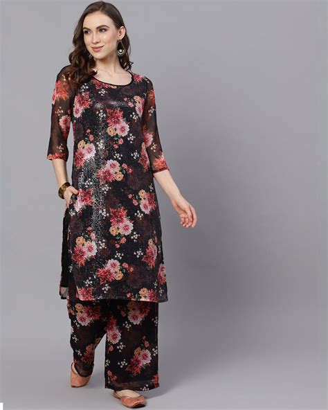 Buy Aks Black Red Floral Printed With Sequence Kurta Set Online In