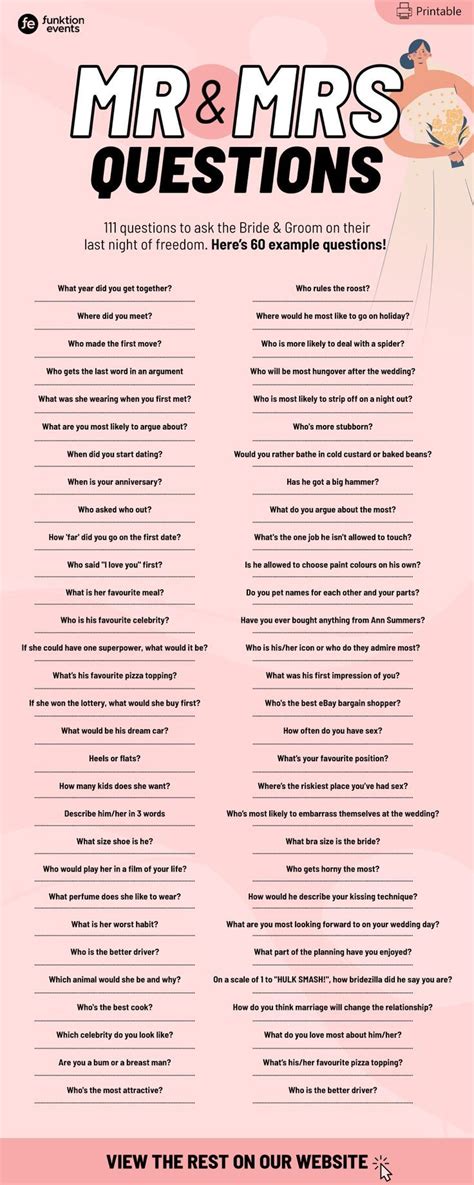 A Pink Poster With The Words Mr And Mrs Questions On It