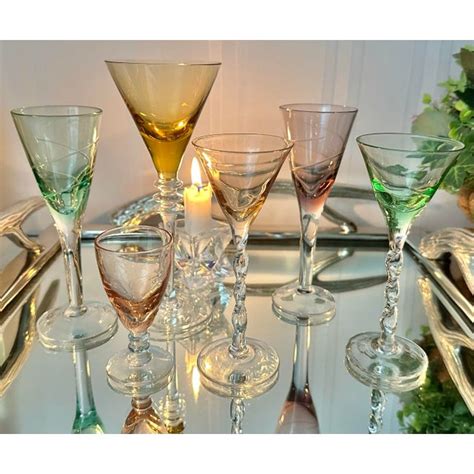 Mid 20th Century Colored Cordial Aperitif Glasses On Silver Mirrored