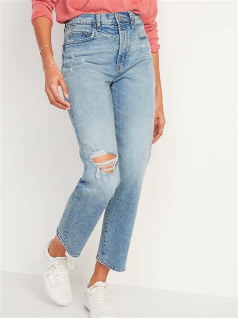 Extra High Waisted Sky Hi Straight Button Fly Ripped Jeans For Women