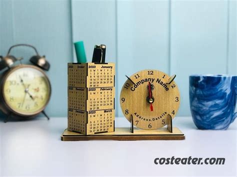 Artistic Wooden Desk Calendar with Desk Clock - Costeater