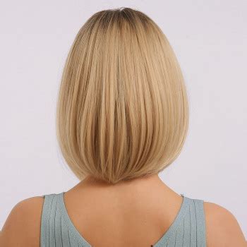 Ombre Straight Short Blonde Bob Wigs With Dark Root Heat Resistant Synthetic Full Hair Wig With
