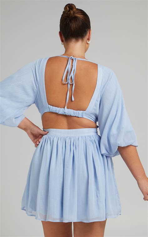 Valeraine Balloon Sleeve Open Back Mini Dress In Steel Blue Showpo Usa