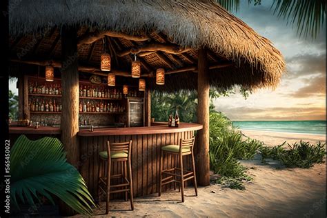 A Bar With A Tiki Bar And A Tropical Beach Scene In The Background With Palm Trees And A Sunset