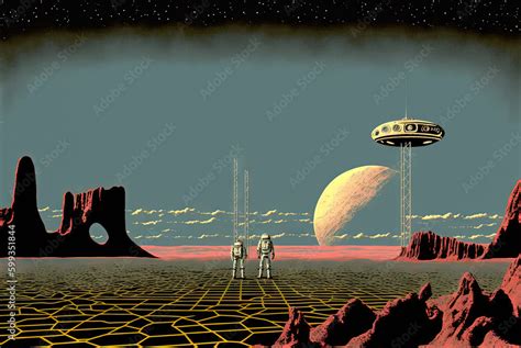 Retrofuturistic landscape in 80s sci-fi style. Retro science fiction ...