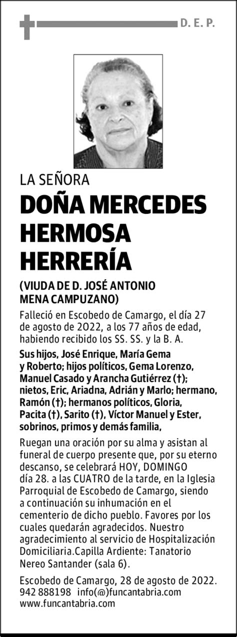 Do A Mercedes Hermosa Herrer A Esquela Necrol Gica El Diario Monta S