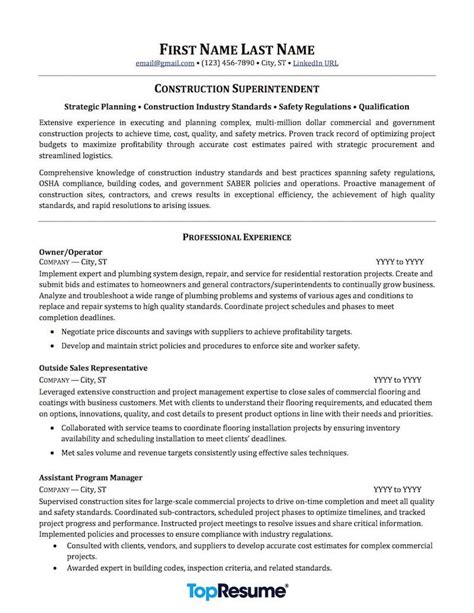 Construction Resume Example | Resume examples, Professional resume ...