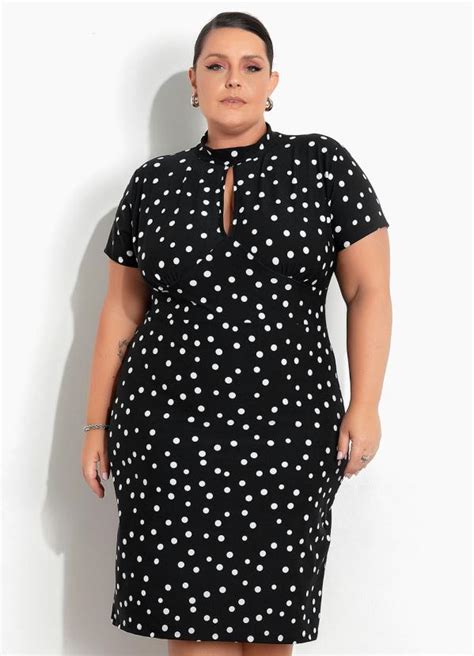 Vestido Poá Preto Com Recorte Vazado Plus Size Marguerite