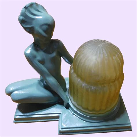 Restored Painted Green Sitting Nude Lady Satin Amber Shade Ruby Lane