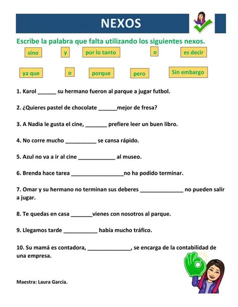 Nexos worksheet Nexos Conectores gramaticales Enseñanza creativa