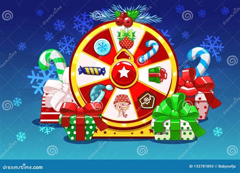 Cartoon Christmas Lucky Roulette Spinning Fortune Wheel Holiday Icons