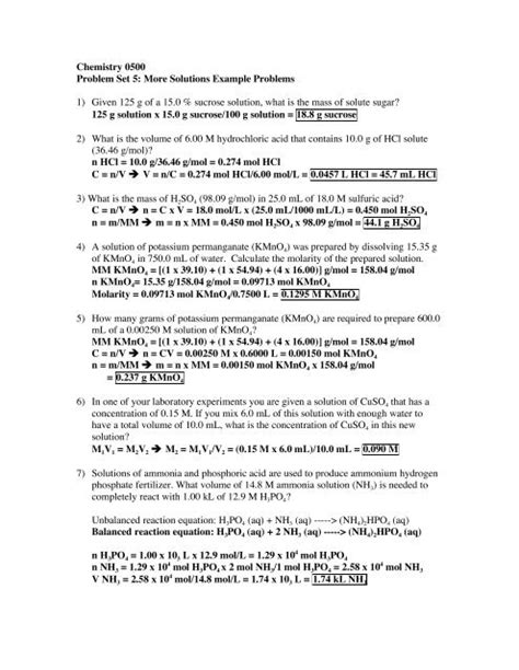 Chemistry Problem Set More Solutions Example Problems