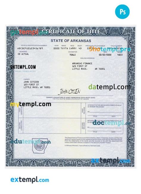 Arkansas Certificate Of Title Of A Vehicle Car Title Template In Psd