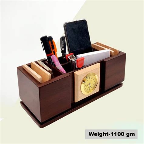 Buy Brown Customized Wooden Pen Stand With Clock For Office Table