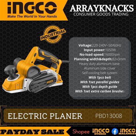 INGCO Electric Planer 1050w PL10508 POWERTOOLS Shopee Philippines