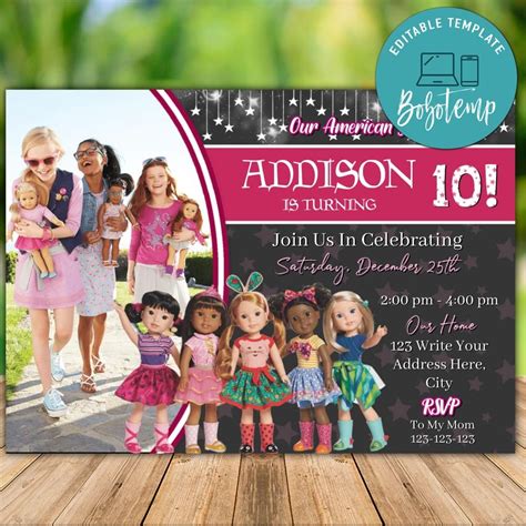 Editable American Girl Doll Birthday Invitation Instant Download | Bobotemp