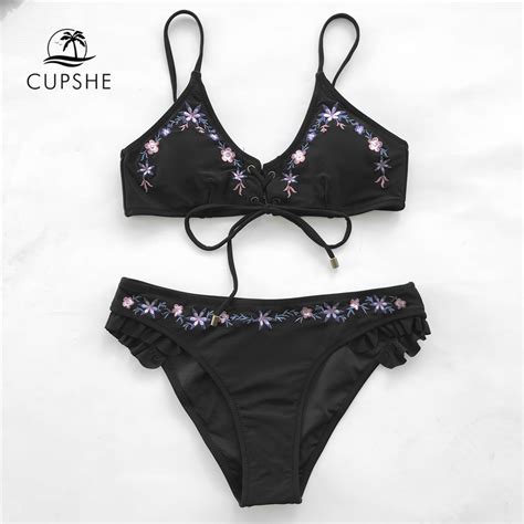 CUPSHE Sakura Rain Embroidery Bikini Set Women Black Lace Up Ruffled