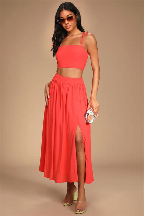 Coral Orange Midi Dress Two Piece Dress Tie Shoulder Dress Lulus