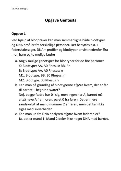 Gentest noter 1b 2016 Biologi C Opgave Gentests Opgave 1 Ved hjælp