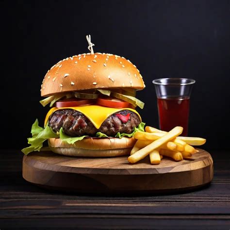 Premium Photo Craft Beef Burgers And French Fries On A Wooden Table Isolated On A Dark