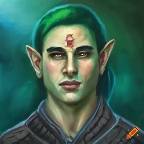 A Mystical Young Adult Male Elf Druid With Cropped Dark Green Hair