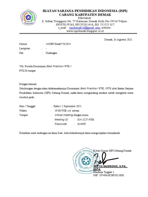 Surat Undangan Diseminasi Ispi Dan Sma 1 Mranggen Pdf