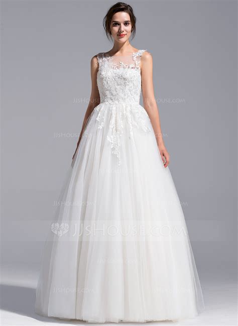 A Line Princess Scoop Neck Floor Length Tulle Wedding Dress With