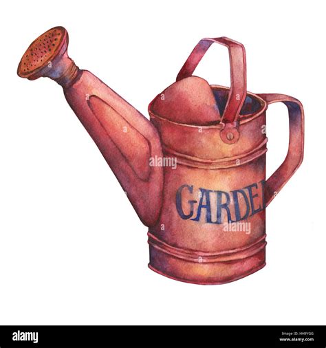 Gardening Tools Rusty Red Watering Can For Watering Flowers Hand Drawn