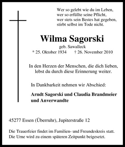 Traueranzeigen Von Wilma Sagorski Trauer In NRW De