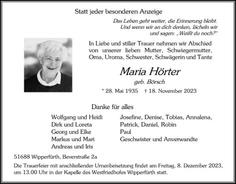 Traueranzeigen Von Maria H Rter Wirtrauern