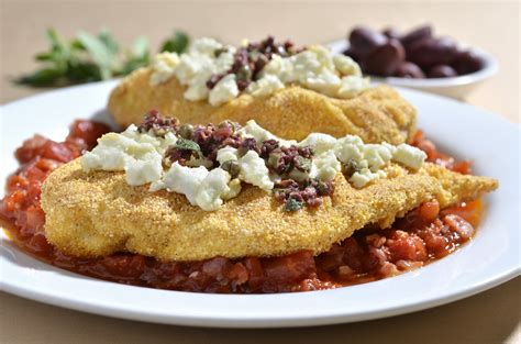 Cornmeal Crusted Chicken Breast With Goat Cheese Tapenade Tomato