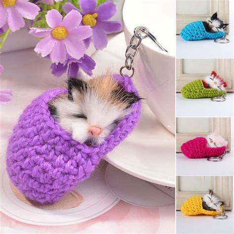 Cute Sleeping Cat Pompom Keychains For Women Girls Handmade Woven Shoes