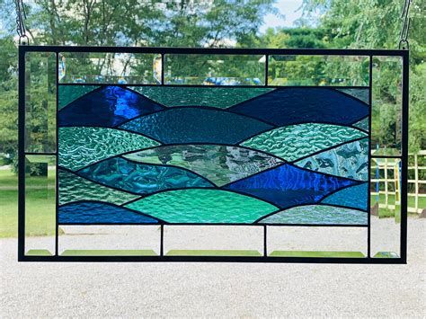 Honeydewglass Stained Glass Ocean Waves With Bevel Border Etsy