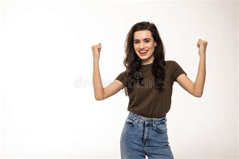 Hooray I Did It Successful Lucky Cute Brunette Woman Jumping From Happiness Clench Fists And