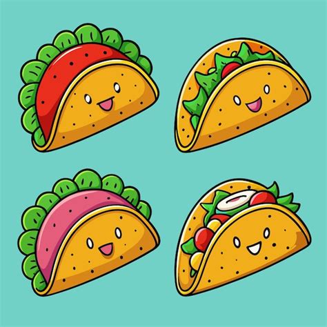 Cuatro Tacos De Dibujos Animados Con Caras Felices Cada Uno Tiene