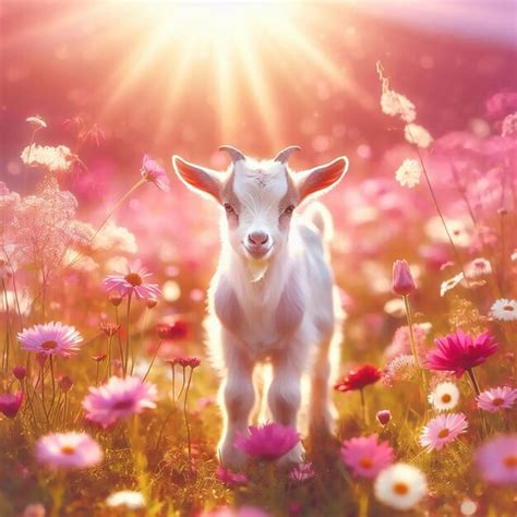 A Baby Goat In A Field Of Flowers With The Sun Behind Him Premium Ai