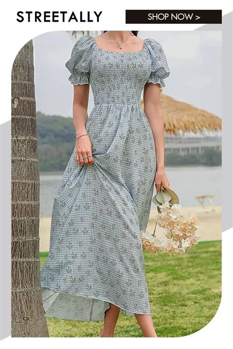 Fashion Floral Square Neck Puff Sleeve Elegant Maxi Dresses Maxi Dress