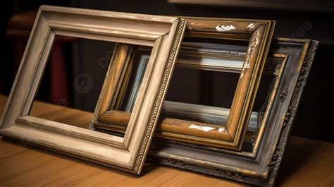 Three Painting Frames That Are Sitting On A Piece Of Wood Background