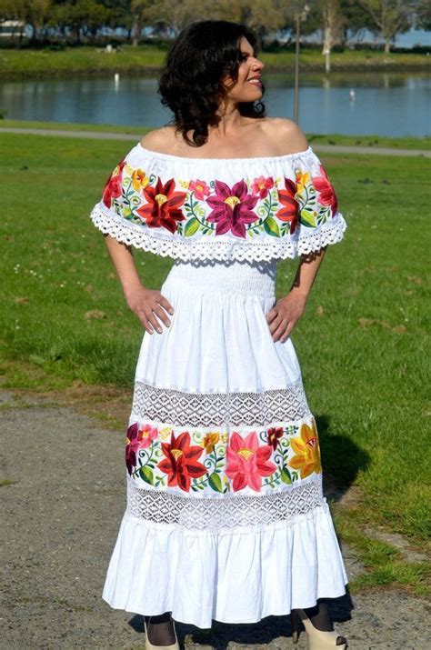 Multicolor Embroidered Off Shoulders Mexican Dress White Traditional